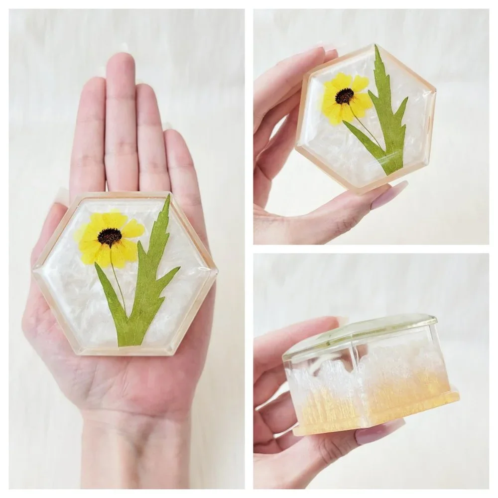 Floral Trinket Box Small Hexagon Jewelry Box Stash Box Yellow Orange White Clear
